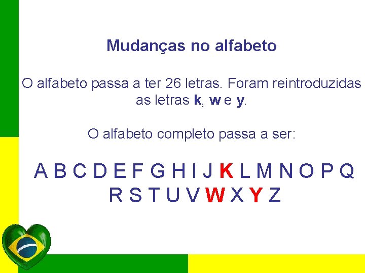 Mudanças no alfabeto O alfabeto passa a ter 26 letras. Foram reintroduzidas as letras