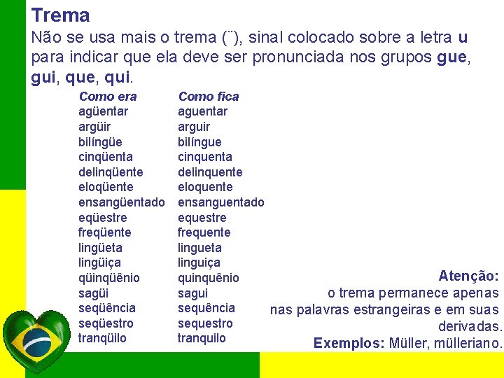 Trema Não se usa mais o trema (¨), sinal colocado sobre a letra u