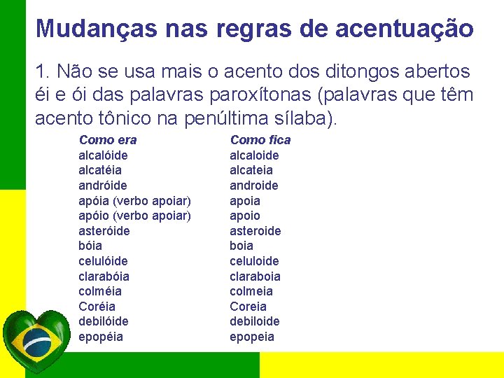 Mudanças nas regras de acentuação 1. Não se usa mais o acento dos ditongos