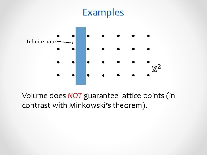 Examples Infinite band Volume does NOT guarantee lattice points (in contrast with Minkowski’s theorem).