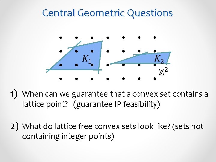 Central Geometric Questions 1) When can we guarantee that a convex set contains a
