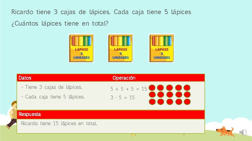 Ricardo tiene 3 cajas de lápices. Cada caja tiene 5 lápices ¿Cuántos lápices tiene