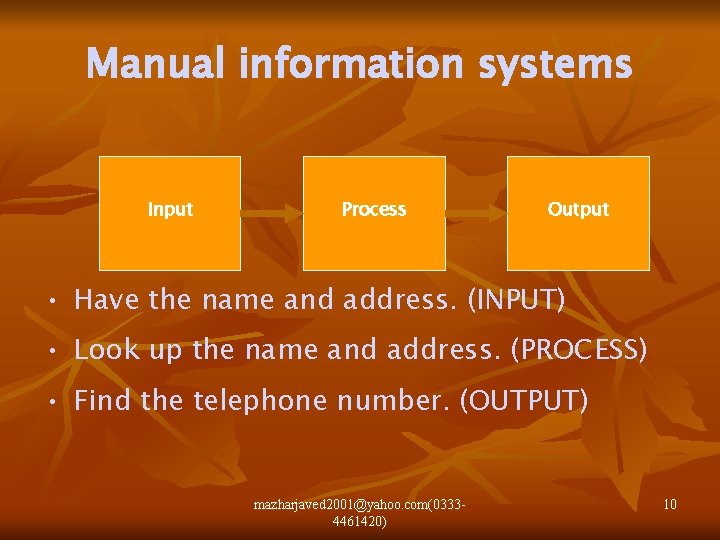 Manual information systems Input Process Output • Have the name and address. (INPUT) •