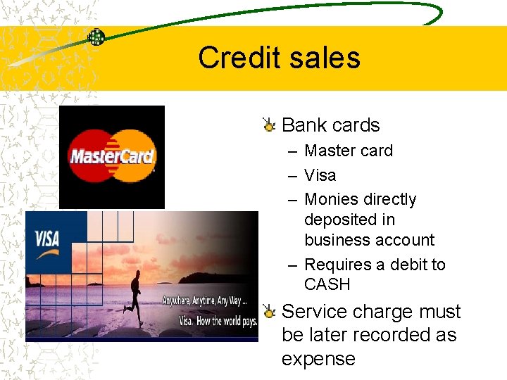 Credit sales Bank cards – Master card – Visa – Monies directly deposited in