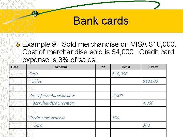 Bank cards Example 9: Sold merchandise on VISA $10, 000. Cost of merchandise sold