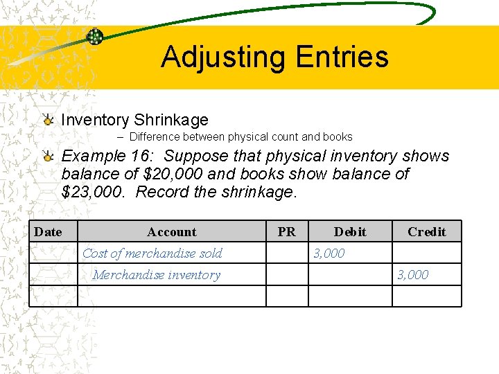 Adjusting Entries Inventory Shrinkage – Difference between physical count and books Example 16: Suppose