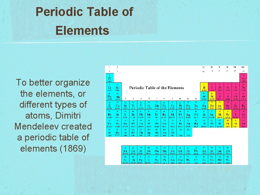 Periodic Table of Elements To better organize the elements, or different types of atoms,