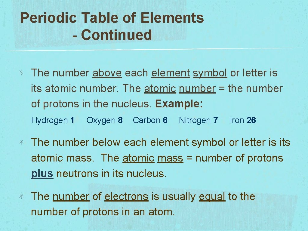 Periodic Table of Elements - Continued The number above each element symbol or letter