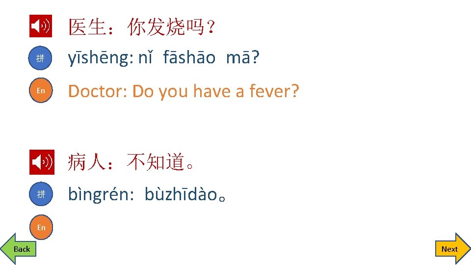 拼 En 医生：你发烧吗？ yīshēng: nǐ fāshāo mā? Doctor: Do you have a fever? 病人：不知道。