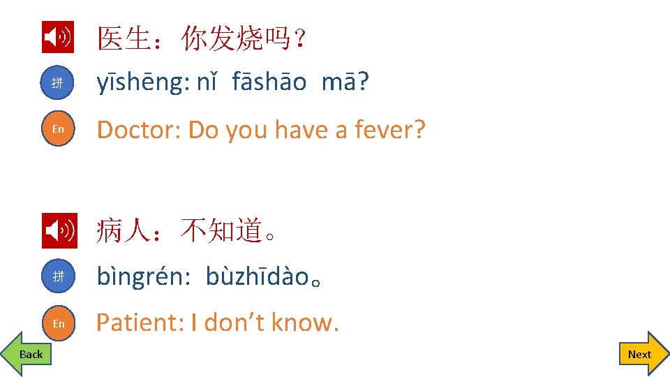 拼 En 医生：你发烧吗？ yīshēng: nǐ fāshāo mā? Doctor: Do you have a fever? 病人：不知道。