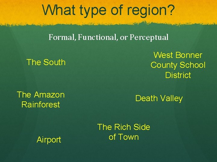 What type of region? Formal, Functional, or Perceptual West Bonner County School District The