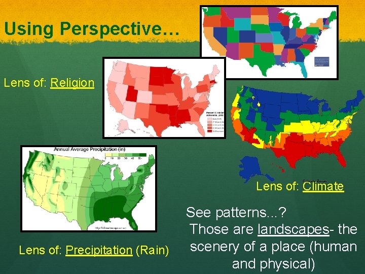 Using Perspective… Lens of: Religion Lens of: Climate Lens of: Precipitation (Rain) See patterns.
