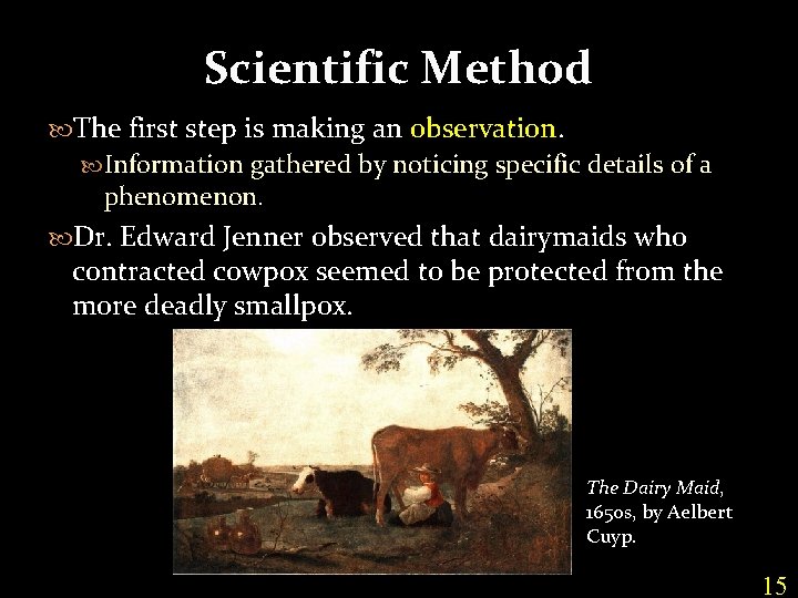 Scientific Method The first step is making an observation. Information gathered by noticing specific