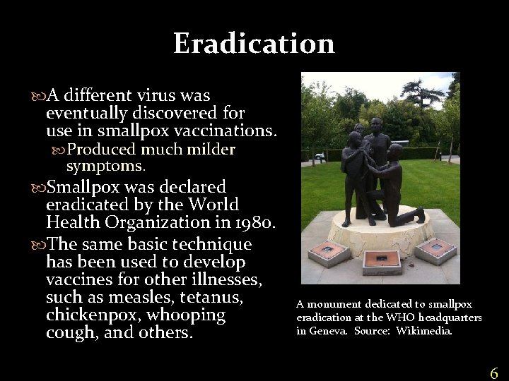 Eradication A different virus was eventually discovered for use in smallpox vaccinations. Produced much