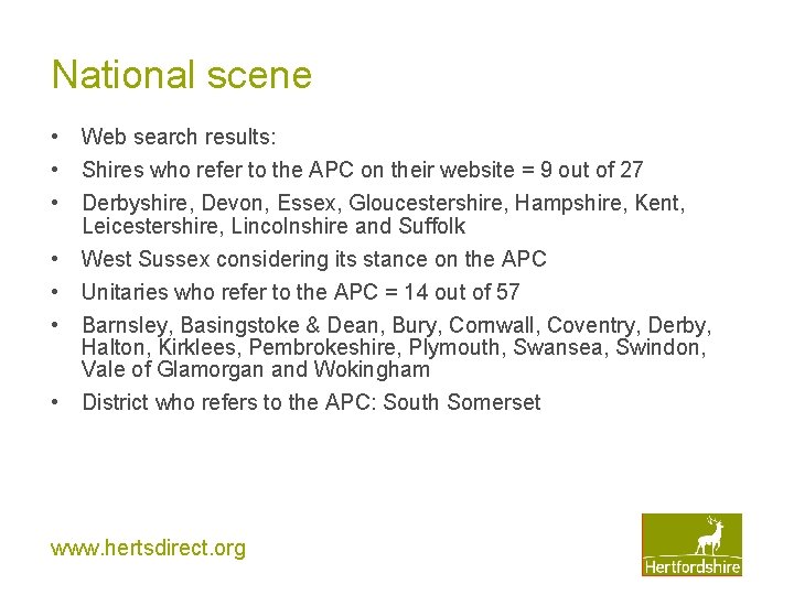 National scene • • Web search results: Shires who refer to the APC on