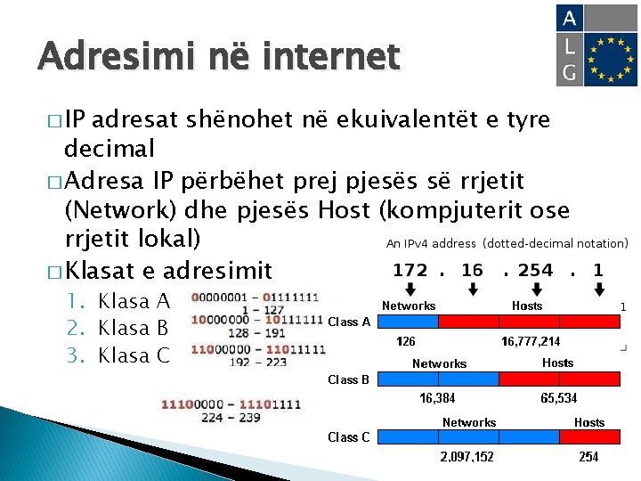 Adresimi në internet � IP adresat shënohet në ekuivalentët e tyre decimal � Adresa