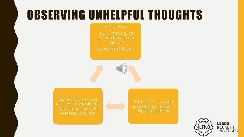 OBSERVING UNHELPFUL THOUGHTS – e. g. “I’m not good enough to pass my course”