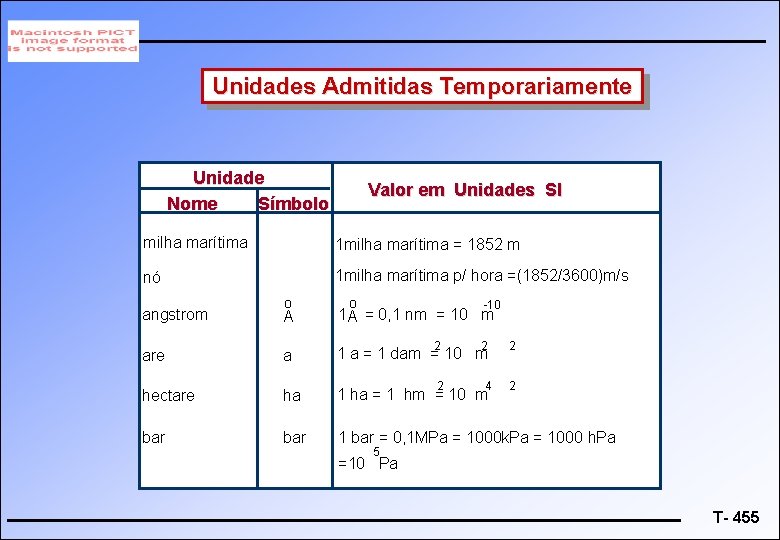 Unidades Admitidas Temporariamente Unidade Nome Símbolo Valor em Unidades SI milha marítima 1 milha