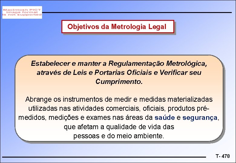 Objetivos da Metrologia Legal Estabelecer e manter a Regulamentação Metrológica, através de Leis e