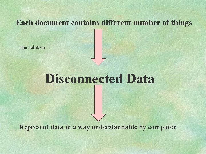 Each document contains different number of things The solution Disconnected Data Represent data in