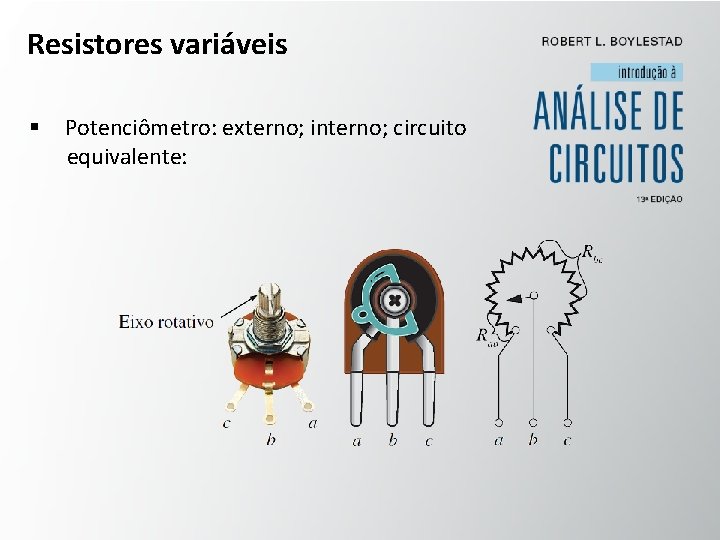 Resistores variáveis § Potenciômetro: externo; interno; circuito equivalente: 