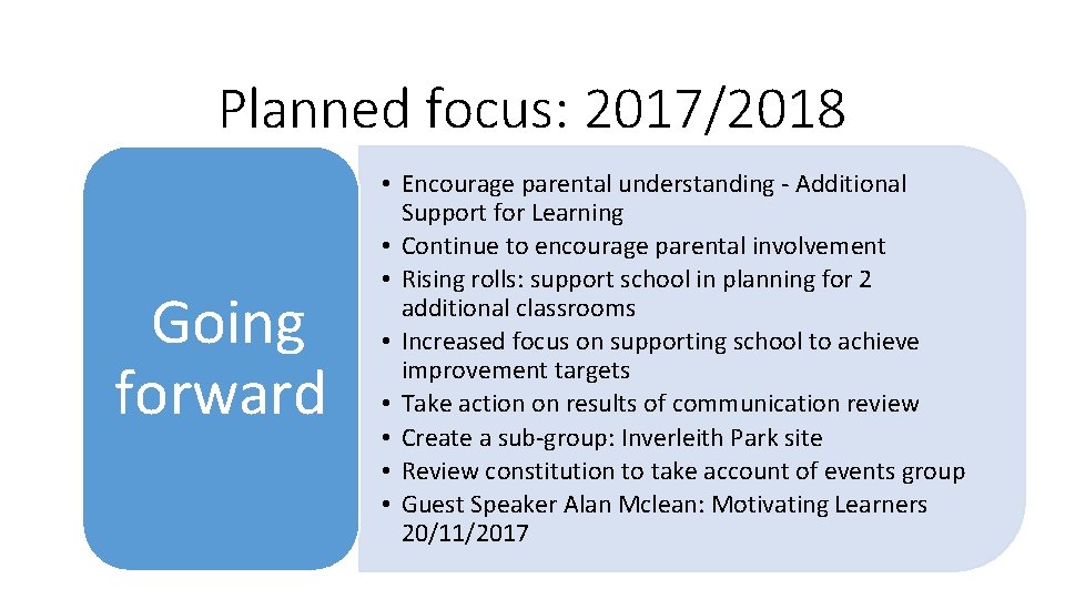 Planned focus: 2017/2018 Going forward • Encourage parental understanding - Additional Support for Learning