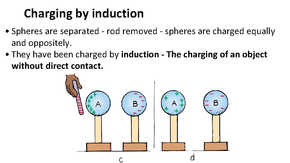 Charging by induction • Spheres are separated - rod removed - spheres are charged