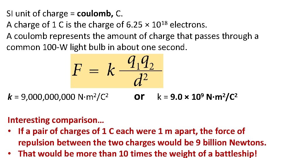 SI unit of charge = coulomb, C. A charge of 1 C is the