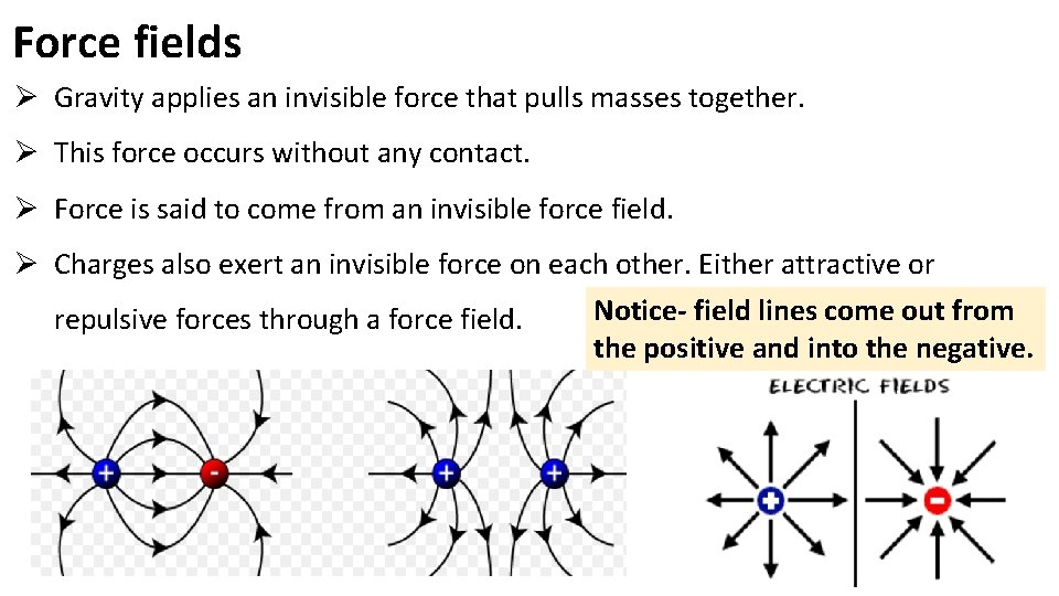 Force fields Ø Gravity applies an invisible force that pulls masses together. Ø This