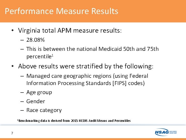 Performance Measure Results • Virginia total APM measure results: – 28. 08% – This