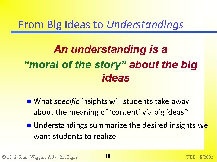 From Big Ideas to Understandings An understanding is a “moral of the story” about