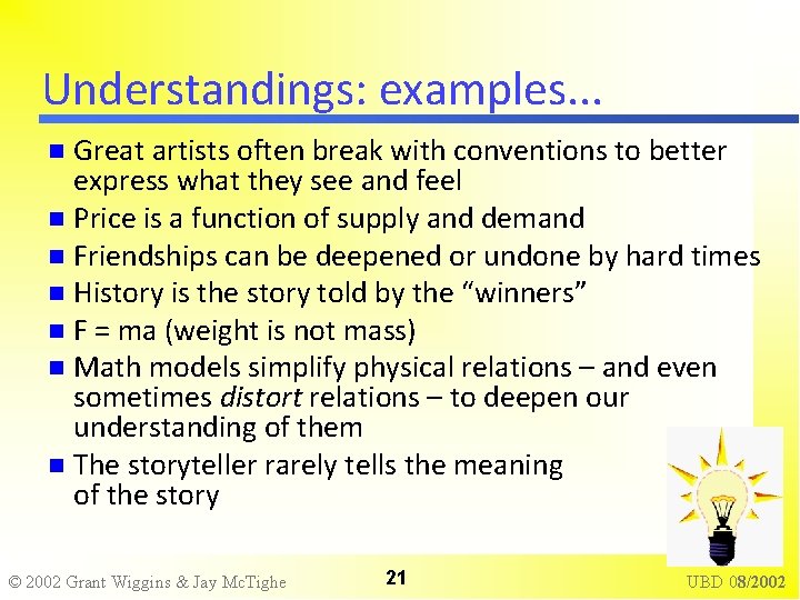 Understandings: examples. . . Great artists often break with conventions to better express what