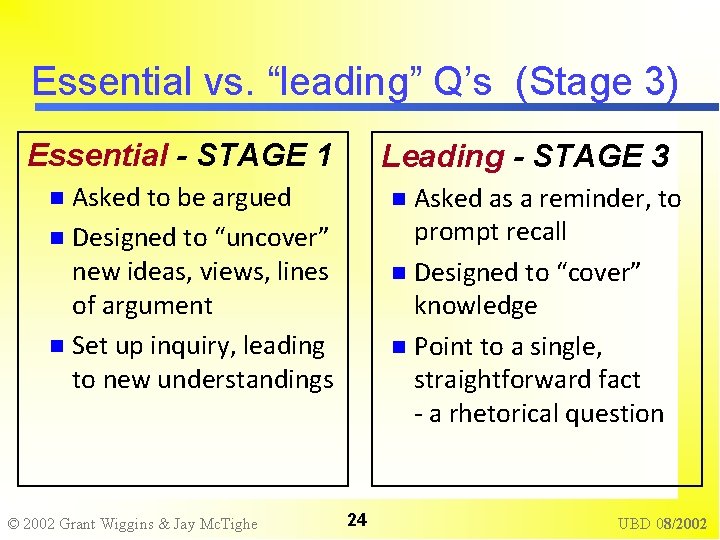 Essential vs. “leading” Q’s (Stage 3) Essential - STAGE 1 Leading - STAGE 3