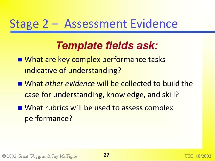 Stage 2 – Assessment Evidence Template fields ask: What are key complex performance tasks