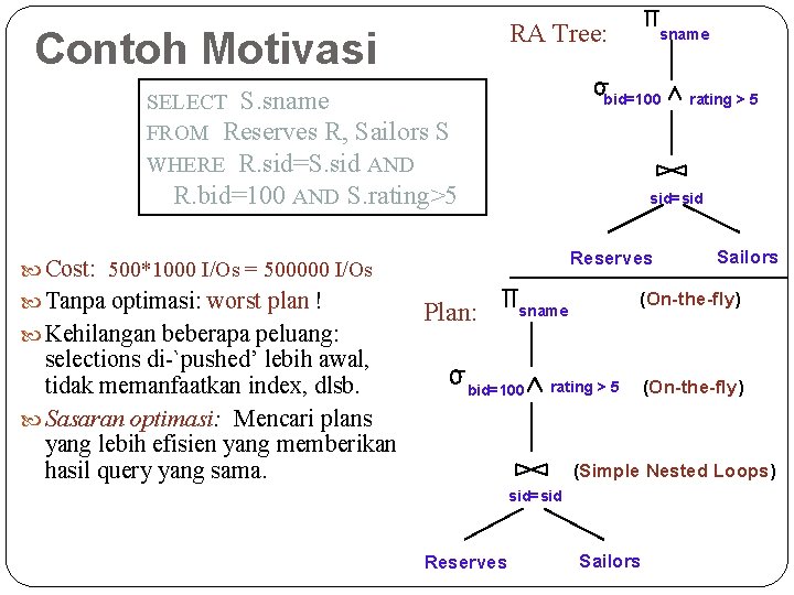 RA Tree: Contoh Motivasi SELECT S. sname FROM Reserves R, Sailors S WHERE R.