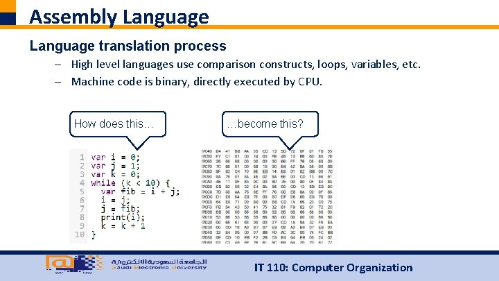 Assembly Language translation process – High level languages use comparison constructs, loops, variables, etc.