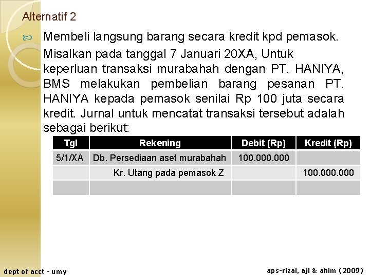 Alternatif 2 Membeli langsung barang secara kredit kpd pemasok. Misalkan pada tanggal 7 Januari