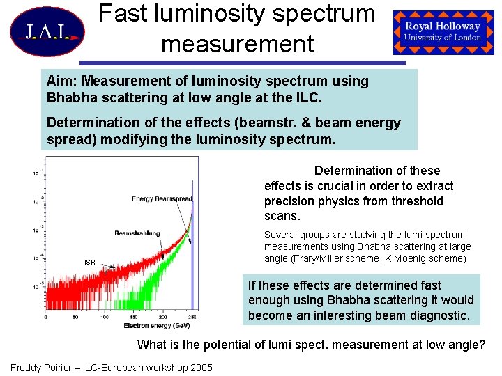 Fast luminosity spectrum measurement Aim: Measurement of luminosity spectrum using Bhabha scattering at low