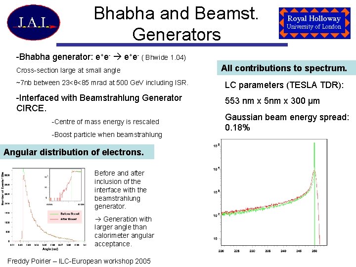 Bhabha and Beamst. Generators -Bhabha generator: e+e- ( Bhwide 1. 04) Cross-section large at