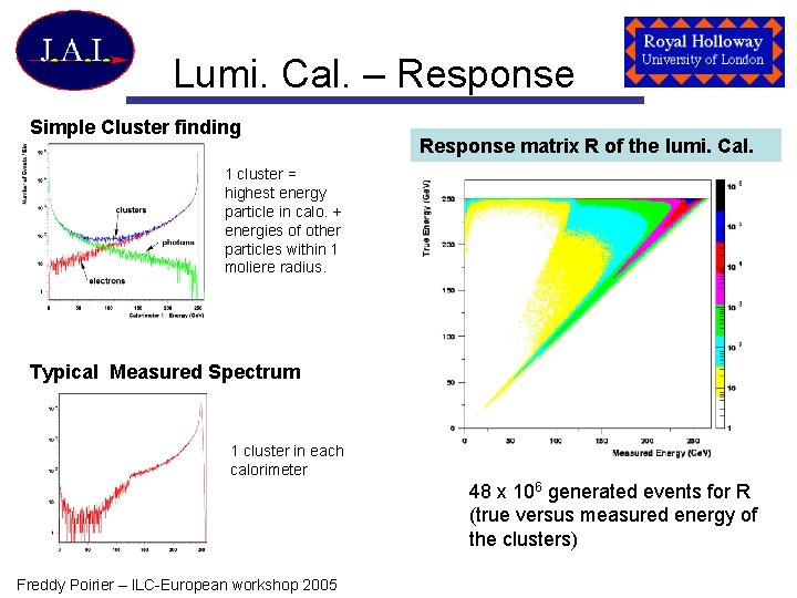 Lumi. Cal. – Response Simple Cluster finding Response matrix R of the lumi. Cal.