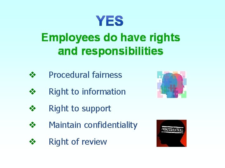 Employees do have rights and responsibilities v Procedural fairness v Right to information v