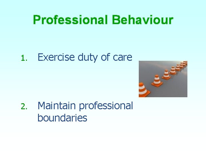 Professional Behaviour 1. Exercise duty of care 2. Maintain professional boundaries 