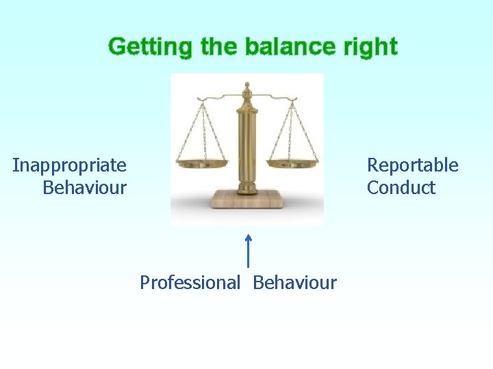 Getting the balance right Inappropriate Behaviour Reportable Conduct Professional Behaviour 