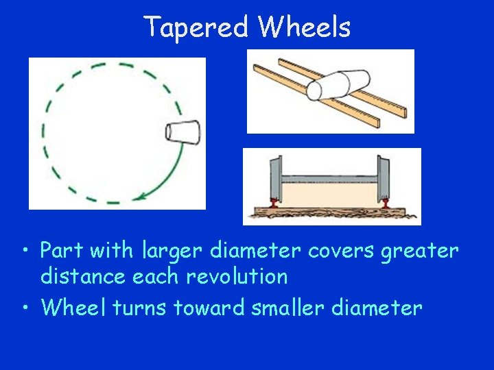 Tapered Wheels • Part with larger diameter covers greater distance each revolution • Wheel