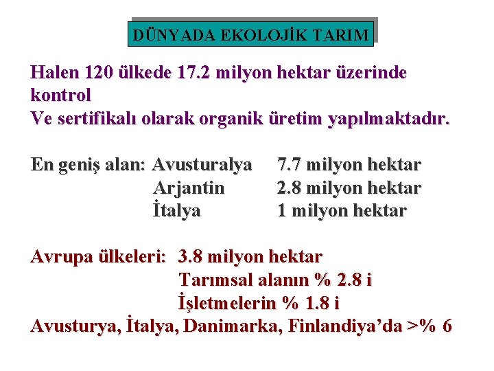 DÜNYADA EKOLOJİK TARIM Halen 120 ülkede 17. 2 milyon hektar üzerinde kontrol Ve sertifikalı