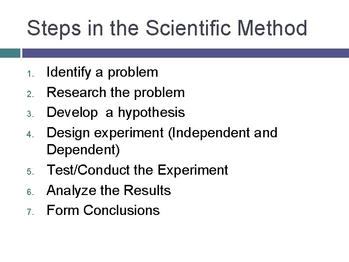 Steps in the Scientific Method 1. 2. 3. 4. 5. 6. 7. Identify a