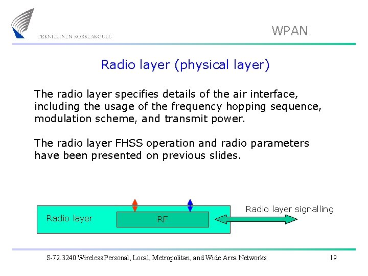 WPAN Radio layer (physical layer) The radio layer specifies details of the air interface,