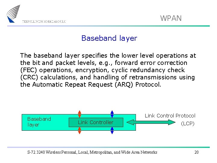 WPAN Baseband layer The baseband layer specifies the lower level operations at the bit