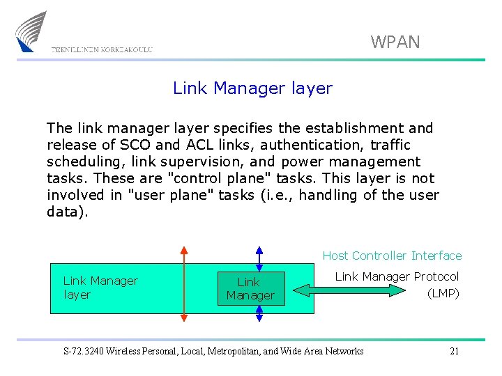 WPAN Link Manager layer The link manager layer specifies the establishment and release of