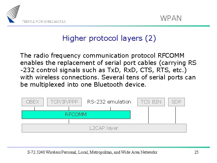 WPAN Higher protocol layers (2) The radio frequency communication protocol RFCOMM enables the replacement